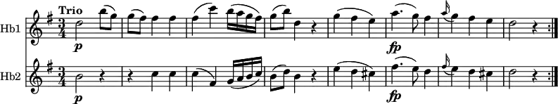 <<
\new Staff \with { instrumentName = #"Hb1 "}
\relative c'' {
\version "2.18.2"
\key g \major
\tempo "Trio"
\time 3/4
d2 \p b'8 (g)
g (fis) fis4 fis
fis (c') b16 (a g fis)
g8 (b) d,4 r4
g (fis e)
a4.\fp (g8) fis4
\grace a16 (g4) fis e
d2 r4 \bar ":|."
}
\new Staff \with { instrumentName = #"Hb2 "}
\relative c'' {
\key g \major
\time 3/4
b2\p r4
r4 c c
c (fis,) g16 (a b c)
b8 (d) b4 r4
e4 (d cis)
fis4.\fp (e8) d4
\grace fis16 (e4) d cis
d2 r4 \bar ":|."
}
>>