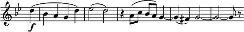 
\relative c'' \new Staff \with { \remove "Time_signature_engraver" } { \key g \minor \time 4/4 \set Score.tempoHideNote = ##t \tempo "" 4=76 \partial 4
 d4\f( bes a g d') es2( d) r4 a8( c bes a) g4~ g( fis) g2~ g~ g8 r
}
