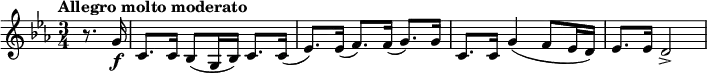 \relative g'' { \key c \minor \time 3/4 \tempo "Allegro molto moderato" \partial 4 r8. g,16\f | c,8. c16 bes8( g16 bes16) c8. c16( | es8.) es16( f8.) f16( g8.) g16 | c,8. c16 g'4( f8 es16 d16) | es8. es16 d2-> }