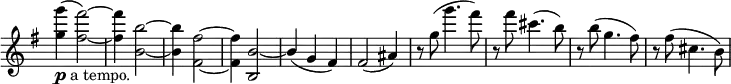 \relative c' \new Staff \with { \remove "Time_signature_engraver" } { \key e \minor \time 3/4
<g''' g,>4_\markup { \dynamic p a tempo. }( <fis~ fis,~>2) <fis fis,>4 <b,~ b,~>2 <b b,>4 <fis~ fis,~>2 <fis fis,>4 <b,~ b,>2 \stemUp b4( \stemNeutral g fis) fis2( ais4) r8 g'( g'4. fis8) r fis cis4.( b8) r b( g4. fis8) r fis( cis4. b8)
}