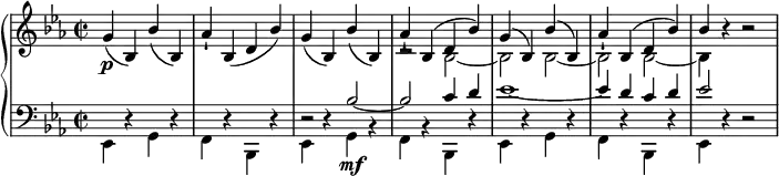 { \new PianoStaff <<
\new Staff <<
\new Voice \relative g' { \set Score.tempoHideNote = ##t \tempo 2 = 60
\clef "treble" \key es \major \stemUp \set Staff.midiInstrument = #"string ensemble 2" \time 2/2 | % 1
g4 \p ( bes,4 ) bes'4 ( bes,4 ) | % 2
as'4 -! bes,4 ( d4 bes'4 ) | % 3
g4 ( bes,4 ) bes'4 ( bes,4 ) | % 4
as'4 -! bes,4 ^( d4 bes'4 ) | % 5
g4 ^( bes,4 ) bes'4 ^( bes,4 ) | % 6
as'4 -! bes,4 ^( d4 bes'4 ) | % 7
bes4 r4 r2 }
\relative bes {
\clef "treble" \key es \major \stemDown \time 2/2 | % 1
s1*3 | % 4
r2 bes2 _~ | % 5
bes2 bes2 _~ | % 6
bes2 bes2 _~ | % 7
bes4 s4 s2 } >>
\new Staff <<
\new Voice \relative es, { \set Staff.midiInstrument = #"string ensemble 2"
\clef "bass" \key es \major \stemDown \time 2/2
es4 r4 g4 r4 | % 2
f4 r4 bes,4 r4 | % 3
es4 r4 g4 \mf r4 | % 4
f4 r4 bes,4 r4 | % 5
es4 r4 g4 r4 | % 6
f4 r4 bes,4 r4 | % 7
es4 r4 r2 }
\relative bes {
\clef "bass" \key es \major \stemUp \time 2/2
s2*4 | % 3
r2 bes2 ~ | % 4
bes2 c4 d4 | % 5
es1 ~ | % 6
es4 d4 c4 d4 | % 7
es2 s4 s4 } >>
>> }