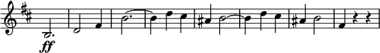 \relative c'
\new Staff \with { \remove "Time_signature_engraver" }
{ \key d \major \time 3/4 \set Score.tempoHideNote = ##t \tempo "" 2.=88
b2.\ff d2 fis4 b2.~ b4 d cis ais b2~ b4 d cis ais b2 fis4 r r
}