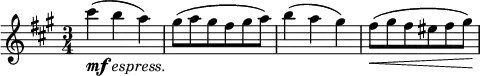 \relative g'' { \key a \major \time 3/4 cis_\markup { \dynamic mf \italic espress. }( b a) | gis8( a gis fis gis a) | b4( a gis) | fis8\<( gis fis eis fis gis\!) }