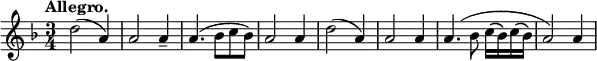 \relative c'' {
\key f \major \time 3/4 \set Score.tempoHideNote = ##t \tempo "Allegro." 4=134
d2( a4) a2 a4-- a4.( bes8 c bes) a2 a4
d2( a4) a2 a4 a4.
\shape #'((-2 . 1) (-1 . 2) (-0.5 . 2) (0 . 1)) Slur
( bes8 c16\( bes\) c\( bes\) a2) a4
}
