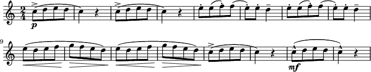 
\relative c'' { \new Staff { \key c \major \time 2/4 
      [c8-\p->( d e d ] | c4) r | [c8->( d e d ] | c4) r |
      [e8-. e( f-.) f( ] | e8-.) e-. d4-- | [e8-. e( f-.) f( ] | e8-.) e-. d4-- |
      [e8(\< d e f ] ] | [ g\> f e d) ] | [e8(\< d e f ] ] | [ g\> f e d) ] |
      [c8->(\! d e d ] | c4) r | [c8-\mf^^( d e d ] | c4^^) r |
     }}

