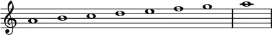\relative c'' {
\new Staff \with { \remove "Time_signature_engraver" }
{ \key a \minor \time 1/1 \cadenzaOn a1 b c d e f g \bar "|" a \bar"|"}
}