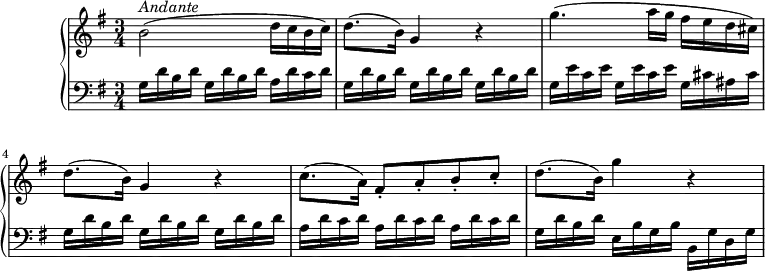 \version "2.18.2"
\header {
tagline = ##f
}
upper = \relative c'' {
\tempo "Andante"
\key g \major
\time 3/4
\tempo 4 = 56
b2^\markup{ \italic {Andante} } (d16 c b c)
d8. (b16) g4 r
g'4. (a16 g fis e d cis)
d8. (b16) g4 r
c8. (a16) fis8-. a-. b-. c-.
d8. (b16) g'4 r
}
lower =\relative c' {
\clef "bass"
\set Staff.midiMinimumVolume = #0.2 \set Staff.midiMaximumVolume = #0.5
\key g \major
\time 3/4
\repeat unfold 2 { g16 d' b d } a d c d
\repeat unfold 3 { g,16 d' b d }
\repeat unfold 2 { g,16 e' c e } g, cis ais cis
\repeat unfold 3 { g16 d' b d }
\repeat unfold 3 { a16 d c d }
g,16 d' b d e, b' g b b, g' d g
}
\score {
\new PianoStaff <<
\new Staff = "upper" \upper
\new Staff = "lower" \lower
>>
\layout {
\context {
\Score
\remove "Metronome_mark_engraver"
}
}
\midi { }
}