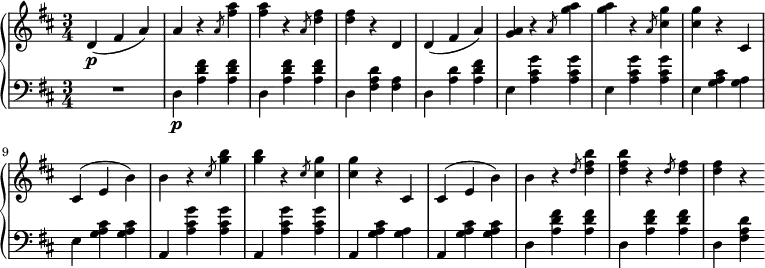 \relative b' {
\new PianoStaff <<
\new Staff { \key b \minor \time 3/4
\tempo \markup {
\column {
\line { }
}
}
d,( fis a) a r4 \slashedGrace a8 <fis' a>4 <fis a> r4 \slashedGrace a,8 <d fis>4 <d fis> r4 d, d( fis a) <a g> r4 \slashedGrace a8 <g' a>4 <g a> r4 \slashedGrace a,8 <cis g'>4 <cis g'> r4 cis, cis( e b') b r4 \slashedGrace cis8 <g' b>4 <g b> r4 \slashedGrace cis,8 <cis g'>4 <cis g'> r4 cis, cis( e b') b r4 \slashedGrace d8 <d fis b>4 <d fis b> r \slashedGrace d8 <d fis>4 <d fis> r
}
\new Dynamics {
s\p
}
\new Staff { \key b \minor \time 3/4 \clef bass
R1*3/4 d,,4\p <a' d fis> <a d fis> d, <a' d fis> <a d fis> d, <fis a d> <fis a> d <a' d> <a d fis> e <a cis g'> <a cis g'> e <a cis g'> <a cis g'> e <g a cis> <g a> e <g a cis> <g a cis> a, <a' cis g'> <a cis g'> a, <a' cis g'> <a cis g'> a, <g' a cis> <g a> a, <g' a cis> <g a cis> d4 <a' d fis> <a d fis> d,4 <a' d fis> <a d fis> d, <fis a d>
}
>>
}
