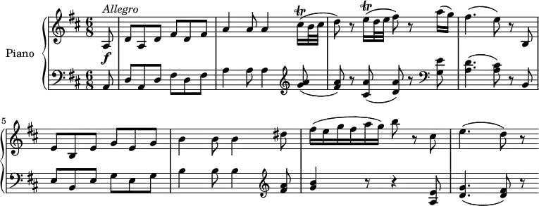 \version "2.18.2"
\header {
tagline = ##f
}
upper = \relative c' {
\clef treble
\key d \major
\time 6/8
\tempo "Allegro" 4 = 145
\partial 8 a8 \f ^\markup{ \italic { Allegro} } d a d fis d fis
a4 a8 a4 cis16 \trill (b32 cis d8)
r8 e16 \trill (d32 e fis8) r8 a16 (g)
fis4. (e8) r b,
e b e g e g
b4 b8 b4 dis8
fis16 (e g fis a g) b8 r cis,
e4. (d8) r
}
lower = \relative c {
\clef bass
\key d \major
\time 6/8
\partial 8 a8 d a d fis d fis
a4 a8 a4 \clef treble <g' a>8 (<fis a>) r8
<cis a'>8 (<d a'>) r8 \clef bass
<g, e'>8 <a d>4. (<a cis>8) r8 b,
e b e g e g
b4 b8 b4 \clef treble <fis' a>8
<g b>4 r8 r4 <a, e'>8 <d g>4. (<d fis>8) r8
}
\score {
\new PianoStaff <<
\set PianoStaff.instrumentName = #"Piano"
\new Staff = "upper" \upper
\new Staff = "lower" \lower
>>
\layout {
\context {
\Score
\remove "Metronome_mark_engraver"
}
}
\midi { }
}