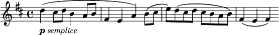 \relative c'' {
\time 4/4
\key d \major
d4(_\markup{\dynamic "p" \italic "semplice"} cis8 d b4 a8 b | fis4 e a) b8( cis | e) d( cis d cis b a b) | fis4( e fis)
}