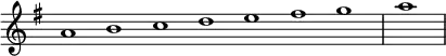 \relative c'' {
\new Staff \with { \remove "Time_signature_engraver" }
{ \key e \minor \time 1/1 \cadenzaOn a1 b c d e fis g \bar "|" a \bar"|"}
}