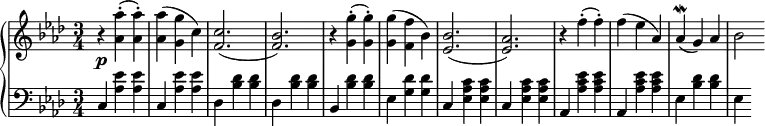 \relative c' {
\new PianoStaff <<
\new Staff { \key f \minor \time 3/4
\set Score.tempoHideNote = ##t \tempo "" 2. = 52
r <aes' aes'>-.( <aes aes'>-.) <aes aes'>( <g g'> c) <c f,>2.( <bes f>) r4 <g g'>4-.( <g g'>-.) <g g'>( <f f'> bes) <bes ees,>2.( <aes ees>) r4 f'4-.( f-.) f ( ees aes,) aes\mordent( g) aes bes2
}
\new Dynamics {
s\p
}
\new Staff { \key f \minor \time 3/4 \clef bass
c,,4 <aes' ees'> <aes ees'> c, <aes' ees'> <aes ees'> des, <bes' des> <bes des> des, <bes' des> <bes des> bes, <bes' des> <bes des> ees, <g des'> <g des'> c, <ees c' aes> <ees c' aes> c <ees c' aes> <ees c' aes> aes, <aes' ees' c> <aes ees' c> aes, <aes' ees' c> <aes ees' c> ees <bes' des> <bes des> ees,
}
>>
}