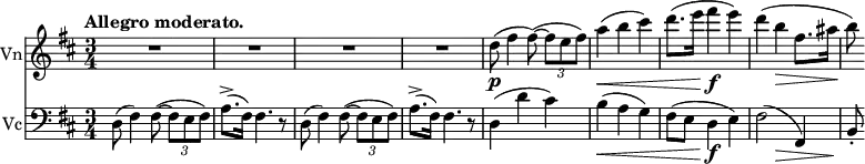 <<
\relative c'' \new Staff\with { instrumentName = "Vn" } {
\set Score.tempoHideNote = ##t \key d \major \tempo "Allegro moderato." 4=120 \time 3/4
\override Score.NonMusicalPaperColumn #'line-break-permission = ##f
R2. R R R d8\p ( fis4 fis8)~ ( \times 2/3 { fis e fis) } a4\< ( b cis)
d8.( e16 fis4\f e) d( b\> fis8. ais16\! b8)
}
\relative c \new Staff\with { instrumentName = "Vc" } {
\set Score.tempoHideNote = ##t \key d \major \time 3/4 \clef bass
d8( fis4) fis8(~ \times 2/3 { fis e fis) } a8.->( fis16) fis4. r8
d8( fis4) fis8(~ \times 2/3 { fis e fis) } a8.->( fis16) fis4. r8
d4( d' cis) b\< ( a g) fis8( e d4\f e) fis2*1/2( s4\> fis,4) b8-.\!
}
>>