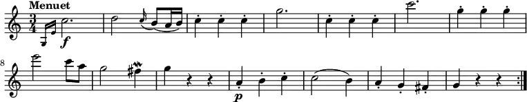 \version "2.18.2"
\relative c'' {
\key c \major
\time 3/4
\tempo "Menuet"
\tempo 4 = 168
\grace {g,16 e'} c'2.\f
d2 \grace c16 (b8) (a16 b)
c4-. c-. c-.
g'2.
c,4-. c-. c-.
c'2.
g4-. g-. g-. \break
e'2 c8 a
g2 fis4\mordent
g r r
a,-.\p b-. c-.
c2 (b4)
a-. g-. fis-.
g r r \bar ":|."
}