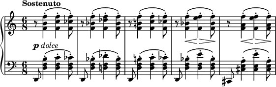 \relative c' {
\new PianoStaff <<
\new Staff { \key c \major \set Score.tempoHideNote = ##t \tempo "Sostenuto" 8=120 \time 6/8
r8 <f' b, f>4-.^\( <f c f,>-. <f ces f,>8-.\) r <f bes, f>4-.^\( <f des f,>-. <f bes, f>8-.\)
r <f b,! f>4-. ^\( <f c f,>-. <f ces f,>8-.\) r <f bes, f>4-. ^\( <f e f,>-. <f bes, f>8-.\)
r <f a, f>4-. ^\( <f e f,>-. <f a, f>8-. \)
}
\new Dynamics {
s2.-\markup{ \dynamic p \italic dolce } s s s8 s4\< s\> s8\! s s4\< s\> s8\!
}
\new Staff { \key c \major \time 6/8 \clef bass
d,,,8 <b'' f d>4-. \( <c f, d>-. <ces f, d>8-.\) d,, <bes'' f d>4-.\( <des f, d!>-. <bes f d>8-.\)
d,, <b''! f d>4-.\( <c f, d>-. <ces f, d>8-.\) d,, <bes'' f d>4-.\( <e f, d>-. <bes f d>8-.\)
cis,, <a'' e cis>4-.\( <e' e, cis>-. <a, e cis>8-. \)
}
>>
}