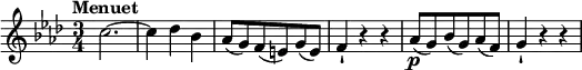 \version "2.18.2"
\relative c'' {
\key f \minor
\time 3/4
\tempo "Menuet"
\tempo 4 = 142
c2.~
c4 des bes
aes8 (g) f (e) g (e)
f4-! r r
aes8\p (g) bes (g) aes (f)
g4-! r r
}