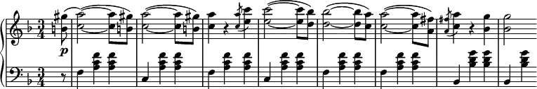 {
\new PianoStaff <<
\new Staff { \key f \major \time 3/4 \partial 8
\relative f' {<b gis'>8\p( <c a'>2)( ~ q8 <b gis'>8) <c a'>2( ~ q8 <b gis'>8) <c a'>4 r \slashedGrace <c a'>8( <e c'>4) q2( ~ q8 <d bes'>8) q2( ~ q8 <c a'>8) q2( ~ q8 <a fis'>) \slashedGrace q( <c a'>4) r <bes g'> q2}
}
\new Staff { \key f \major \time 3/4 \clef bass \partial 8
\relative f {r8 f4 <a c f> q c, <a' c f> q f <a c f> q c, <a' c f> q f <a c f> q f <a c f> q bes, <bes' d g> q bes, <bes' d g>}
}
>>
}