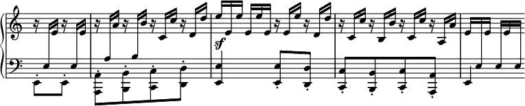 
 \relative c' {
  \new PianoStaff <<
   \new Staff = "up" \with { \remove "Time_signature_engraver" } { \key c \major \time 2/4 \partial 4
    \stemUp r16*2/3 \change Staff = "down" e, \change Staff = "up" e' r \change Staff = "down" e, \change Staff = "up" e'
    r \change Staff = "down" a, \change Staff = "up" a' r \change Staff = "down" b, \change Staff = "up" b' r c, c' r d, d'
    e\sf[e, e'] e,[ e' e,] r e e' r d, d' r c, c' r b, b' r c, c' r a, a'
    e[ \change Staff = "down" e, \change Staff = "up" e'] \change Staff = "down" e,[ \change Staff = "up" e' \change Staff = "down" e,]
   }
   \new Staff = "down" \with { \remove "Time_signature_engraver" } { \key c \major \time 2/4 \partial 4 \clef bass
    \stemDown e,8-. e-. <a a,>-.[ <b b,>-. <c c,>-. <d d,>-.]
    \stemUp <e e,>4 <e e,>8-. <d d,>-. <c c,>-.[ <b b,>-. <c c,>-. <a a,>-.] e4
   }
  >>
 }
