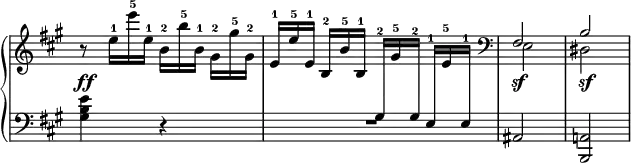 
 \relative c' {
  \new PianoStaff <<
   \new Staff = "up" \with { \remove "Time_signature_engraver" } { \key a \major \time 2/4
    <<
     {
      b'8\rest \stemDown e16*2/3-1 e'-5 e,-1 b-2[ b'-5 b,-1] gis-2 gis'-5 gis,-2
      \stemUp e-1[ e'-5 e,-1] b-2 b'-5 b,-1
      \change Staff = "down" gis-2[ \change Staff = "up" gis'-5 \change Staff = "down" gis,-2]
      e-1 \change Staff = "up" e'-5 \change Staff = "down" e,-1
      \change Staff = "up" \clef bass fis2 b
     }
    \\
     { s2 s e, dis }
    >>
   }
   \new Dynamics {
    s2\ff s s\sf s\sf
   }
   \new Staff = "down" \with { \remove "Time_signature_engraver" } { \key a \major \time 2/4 \clef bass
    <e' b gis>4 r R2 ais,, <a! b,>
   }
  >>
 }
