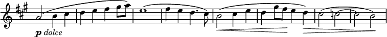 \relative c'' \new Staff \with { \remove "Time_signature_engraver" } {
\set Score.tempoHideNote = ##t \tempo "" 2=100 \key a \major \time 2/2
a2_\markup { \dynamic p \italic dolce } ( b4 cis d e fis gis8 a) e1( fis4 e d4. cis8)
b2\< ( cis4 e d gis8 fis\! e4 d\>) cis2( c~ c b\! )
}