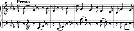 \relative c' {
\new PianoStaff <<
\new Staff { \key es \major \time 2/4 \tempo "Presto" \partial 8
bes'8 (g) r r bes (f) r r bes es aes,4 g8 c f,4 es8 d aes'4 g8~
}
\new Staff { \key es \major \time 2/4 \clef bass \partial 8
r8 \clef treble r es (g) r r d (f) r \clef bass r c (bes) r r aes (g) r r f d es
}
>>
}