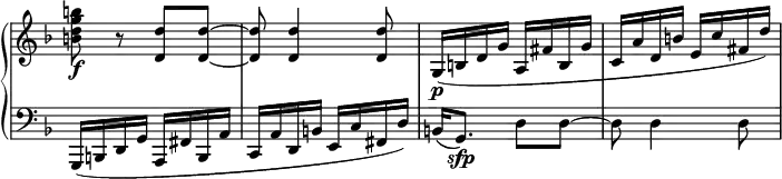 \relative c' {
\new PianoStaff <<
\new Staff \with { \remove "Time_signature_engraver" } { \key f \major \time 2/4
<b'' g d b>8\f r <d, d,> <d~ d,~> <d d,> <d d,>4 <d d,>8 g,,16\p( b d g a, fis' b, g' c, a' d, b' e, c' fis, d')
}
\new Staff \with { \remove "Time_signature_engraver" } { \key f \major \time 2/4 \clef bass
g,,,,( b d g a, fis' b, a' c, a' d, b' e, c' fis, d') b( g8.\sfp) d'8 d~ d d4 d8
}
>>
}