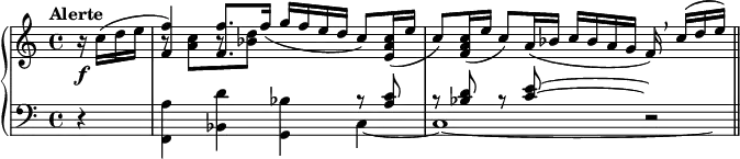 
\relative c'' {
  \new PianoStaff <<
   \new Staff { \key c \major \time 4/4 \set Score.tempoHideNote = ##t \tempo "Alerte" 4=138 \partial 4
    <<
     {
      \stemDown b16\rest c( d e \stemUp <f f,>4) <f f,>8. f16_( g f e d c8) <c a e>16_( e
      c8) <c a f>16_( e c8) a16_( bes c bes a g f) \breathe c'( d e) \bar "||"
     }
    \\
     { s4 b8\rest <c a>[ b\rest <d bes>] }
    >>
   }
   \new Dynamics {
    s4\f
   }
   \new Staff { \key c \major \time 4/4 \clef bass
    <<
     { 
      s4 s2 s4 b,8\rest <c a>
      b\rest <d bes> b\rest \autoBeamOff <e~ c~>8*3 \hideNotes <e c>8 }
    \\
     { d,4\rest <a' f,> <d bes,> <bes g,> c,4~ c1*15/16~ \hideNotes c16) }
    \\
     { s4 s1 s2 s4 d2*1/2\rest }
    >>
   }
  >>
 }

