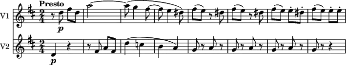 
<<
  \new Staff \with { instrumentName = #"V1 "}
  \relative c'' {
    \version "2.18.2"
    \key d  \major
    \tempo "Presto"
    \time 2/4
    \tempo 4 = 180
     r8 d8\p fis d
     a'2 ~
     a8 (g4 fis8 ~
     fis e4 dis8)
     fis (e) r8 dis
     fis (e) r8 dis
     fis (e) e-. dis-.
      fis (e) e-. e-.
}
\new Staff \with { instrumentName = #"V2 "}
\relative c'' {
    \key d  \major
    \time 2/4
     d,4\p r4
     r8 fis a fis
     d'4 (c b a)
     g8 r8 a r8 
     g8 r8 a r8
     g8 r8 a r8
     g8 r8 r4    
}
>>
