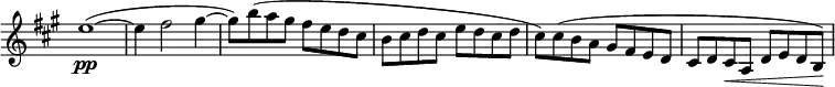 \relative c'' \new Staff \with { \remove "Time_signature_engraver" } {
\set Score.tempoHideNote = ##t \tempo "" 2=100 \key a \major \time 2/2
e1\pp ~( e4 fis2 gis4~ gis8) b( a gis fis e d cis
b cis d cis e d cis d cis) cis( b a gis fis e d cis d cis\< a d e d b\! )
}