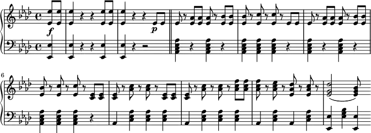 
 \relative c' {
  \new PianoStaff <<
   \new Staff { \key f \minor \time 4/4
    \set Score.tempoHideNote = ##t
     \tempo "" 2. = 64
      \partial 4 <ees ees'>8 <ees ees'> <ees ees'>4 r r <ees ees'>8 <ees ees'> <ees ees'>4 r r ees8\p ees \bar "||" ees r <ees aes> <ees aes> <ees aes> r <ees bes'> <ees bes'> <ees bes'> r <ees c'> r <ees c'> r ees8 ees ees r <ees aes> <ees aes> <ees aes> r <ees bes'> <ees bes'> <ees bes'> r <ees c'> r <ees c'> r <ees c> <ees c> <ees c> r <aes c> r <aes c> r <ees c> <ees c> <ees c> r <aes c> r <aes c> r <aes c f> <aes c f> <aes c f> r <aes c ees> r <ees aes des> r <ees aes c> r <ees g des'>2( <ees g bes>8)
      }
   \new Dynamics {
    s\f
      }
   \new Staff { \key f \minor \time 4/4 \clef bass
        <ees, ees,>4 <ees ees,> r r <ees ees,> <ees ees,> r r2 <aes, c ees aes>4 r <aes c ees aes> r <aes c ees aes> <aes c ees aes> <aes c ees aes> r <aes c ees aes>4 r <aes c ees aes> r <aes c ees aes> <aes c ees aes> <aes c ees aes> r aes <c ees aes> <c ees aes> <c ees aes> aes <c ees aes> <c ees aes> <c ees aes> aes <c ees aes> aes <c ees aes> <ees ees,> <ees g bes> <ees ees,>
      }
  >>
 }
