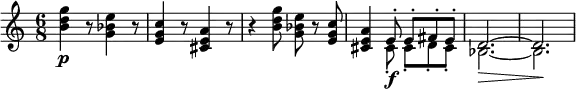 \relative c' {
\key c \major
\time 6/8
\tempo ""
\tempo 4 = 220
< b' d g >4\p r8 < g bes e >4 r8
< e g c >4 r8 < cis e a >4 r8
r4 < b' d g >8 < g bes e > r < e g c >
< cis e a >4 <<
\f\relative { \override Hairpin.to-barline = ##f e'8-. e-. fis-. e-. d2.\>~d\! }
\\
\relative { cis'8-. cis-. d-. cis-. bes2.~bes }
>>
}
