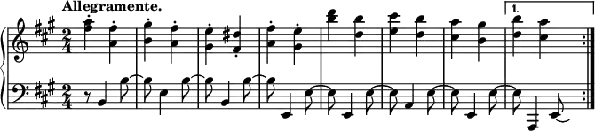 \relative c''' {
\new PianoStaff <<
\new Staff {
\key a \major \time 2/4 \set Score.tempoHideNote = ##t \tempo "Allegramente." 4=220
\set Score.alternativeNumberingStyle = #'numbers \repeat volta 1 {
<a fis>4-. <fis a,>-. <gis b,>-. <fis a,>-. <e gis,>-. <dis fis,>-. <fis a,>-. <e gis,>-.
<d' b> <b d,> <cis e,> <b d,> <a cis,> <gis b,> }
\alternative { { <b d,> <a cis,> } } \bar ":|."
}
\new Staff { \key a \major \time 2/4 \clef bass \autoBeamOff
r8 b,,,4 b'8~ b e,4 b'8~ b b,4 b'8~ b e,,4 e'8~
e e,4 e'8~ e a,4 e'8~ e e,4 e'8~ e a,,4 e'8*1/2~ \hideNotes e
}
>>
}