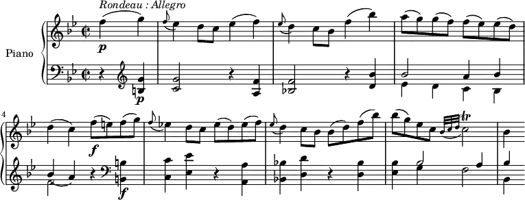 
\version "2.18.2"
\header {
  tagline = ##f
}

  
  
  
upper = \relative c' {
  \clef treble 
  \key bes \major
  \time 2/2
  \tempo "Allegro" 4 = 154

   \partial 2 f'4 \p ^\markup{ \italic {Rondeau : Allegro} } (g)
   \grace f8 (ees4) d8 c ees4 (f)
   \grace ees8 (d4) c8 bes f'4 (bes)
   a8 (g) g (f) f (ees) ees (d)
   d4 (c) f8\f (e) f (g)
   \grace f8 (ees!4) d8 c ees (d) ees (f)
   \grace ees8 (d4) c8 bes bes (d) f (bes)
   bes (g) ees c)  \grace {bes32 (c d} c2)  \trill
   bes4
}

lower = \relative c {
  \clef bass
  \key bes \major
  \time 2/2
    \partial 2  r4  \clef treble <b' g'>4 \p
    <c g'>2 r4 <a f'>4
    <bes! f'>2 r4 <d bes'>4
    <<{\stemDown ees4 d c bes f'2 } \\ {  \stemUp bes2 a4 bes bes (a))}>> r4  \clef bass
    <b,, b'>4  \f <c c'> <ees ees'>  r <a, a'>
    <bes! bes'!> <d d'> r <d bes'>
    <ees bes'> <<{\stemDown g4 f2 bes,4 } \\ {  \stemUp bes'2 a4 bes}>>
} 

\score {
  \new PianoStaff <<
    \set PianoStaff.instrumentName = #"Piano"
    \new Staff = "upper" \upper
    \new Staff = "lower" \lower
  >>
  \layout {
    \context {
      \Score
      \remove "Metronome_mark_engraver"
    }
  }
  \midi { }
}
