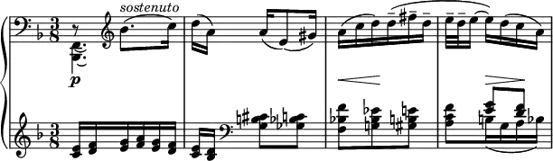 
\relative c {
  \new PianoStaff <<
   \new Staff { \key f \major \time 3/8 \set Score.tempoHideNote = ##t \tempo "" 8=63 \clef bass
    <<
     {
      d8\rest \clef treble \stemDown bes''8.^\markup \italic sostenuto (
      c16) d( a) \stemUp a[ _( e8) _( gis16) ]
      \stemDown a16( c d) d--( fis-- d-- e32--[ d-- e16]~ e) d( c a)
     }
    \\
     { <f,,~ bes,~>4.*1/6 \hideNotes <f bes,>16 }
    >>
   }
   \new Dynamics {
    s8\p s4 s4. s8\< s\! s s s\> s\!
   }
   \new Staff { \key f \major \time 3/8
    <<
     {
      <e'' c>16 <f d> <g e> <a f> <g e> <f d> <e c>[ <d bes>] \clef bass
      s4 s4. s8 <g e> <f d>
     }
    \\
     {
      s4. s8 <cis b g>8 <c bes ges> <f bes,! f> <es bes g!> <e b gis>
      <f c a> b,16( g a bes)
     }
    >>
   }
  >>
 }
