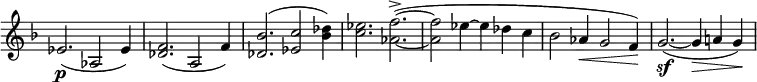 \relative c' \new Staff \with { \remove "Time_signature_engraver" } { \key f \major \time 6/4 \set Score.tempoHideNote = ##t \tempo "" 4=132
es2.\p( aes,2 es'4) <f des>2.( a,2 f'4) <bes des,>2.( <c es,>2 <des bes>4)
<es c>2.) <f~ aes,~>->( q2 es4~ es des c bes2 aes4\< g2 f4\!) g2.\sf~( g4\> a! g\!)
}