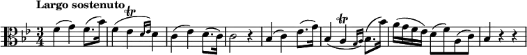 \version "2.18.2"
\relative c'' {\set Staff.midiInstrument = #"violin"
\key bes \major
\time 3/4
\tempo "Largo sostenuto"
\tempo 4 =42
\clef alto f,4 (g) f8. (bes16)
f4 (es\trill \grace { d16 es16) } d4
c (es) d8. (c16)
c2 r4
bes (c) es8. (g16)
bes,4 (a\trill \grace { g16 a16) } bes8. (bes'16)
a (g f es) d8 (f) a, (c)
bes4 r r
}