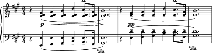 
\relative c'' {
 \new PianoStaff <<
  \new Staff {
   \key a \major \time 6/4 \set Score.tempoHideNote = ##t \tempo "" 4=62
   r4 <gis e d>--( <a e d>-- <b e, d>-- <d e, d>-- <cis e, d>8.--\prall <a e d>16-- <b e, d>1.)
   r4 <gis e>--( <a e>-- <b e,>-- <d e,>-- <cis e,>8.--\prall <a e>16-- <b e,>1.)
  }
  \new Dynamics {
   s4 s\p s\< s s s8. s16\> s4 s\! s1 s4 s\pp
  }
  \new Staff {
   \key a \major \time 6/4 \clef bass
   r4 <e,, e,>--( <e fis,>-- <e gis,>-- <e b>-- <e a,>8.-- <e fis,>16-- <e gis,>1.\sustainOn )
   r4 <d' e,>--( <d fis,>-- <d gis,>-- <d b>-- <d a>8.-- <d fis,>16-- <d gis,>1.\sustainOn )
  }
 >>
}
