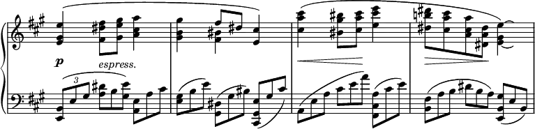 
 \relative c'' {
  \new PianoStaff <<
   \new Staff \with { \remove "Time_signature_engraver" } { \key a \major \time 3/4 \set Score.tempoHideNote = ##t \tempo 4=60
    <<
     {
      <e gis, e>4( \stemDown <fis dis fis,>8 <gis e gis,> <a cis, a>4 <gis b, gis> \stemUp fis8 dis <cis e,>4)
      \stemDown <cis' a cis,>4( <bis gis bis,>8 <cis a cis,> <e cis e,>4 <dis b! dis,>8 <cis a cis,> <a cis, a> <dis, a dis,> <e~ gis, e_~>4*1/2) \hideNotes <e e,>8
     }
    \\
     { s2. s4 <bis fis>4 }
    >>
   }
   \new Dynamics {
    s4\p s-\markup \italic espress. s s2. s4\< s8 s\! s4 s\> s8 s\! s4
   }
   \new Staff \with { \remove "Time_signature_engraver" } { \key a \major \time 3/4 \clef bass
    \tuplet 3/2 { <b,, e,>8( e gis } <dis' a>8*2/3 b <e gis,>) <e, a,> a cis)
    <gis e>( b e) <dis, gis,>( gis bis) <e, gis, cis,>( gis cis)
    a,( e' a cis e a) <a, cis, fis,>( cis e)
    <fis, b,>( a b dis b a) <gis b, e,>( e b)
   }
  >>
 }
