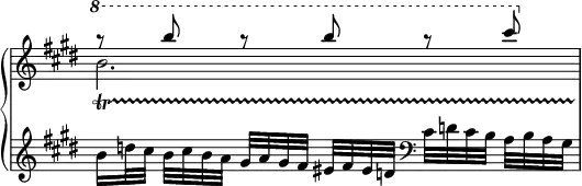 
 \relative c' {
  \new PianoStaff <<
   \new Staff \with { \remove "Time_signature_engraver" } { \key e \major \time 3/4
    <<
     { \ottava #1 \set Staff.ottavation = #"8" r8 b''' r b r cis }
    \\
     { b,2.\startTrillSpan }
    >>
   }
   \new Staff \with { \remove "Time_signature_engraver" } { \key e \major \time 3/4
    b,16[ d32 cis] b cis b a gis[ a gis fis] eis fis eis d \clef bass cis[ d cis b] a b a gis
   }
  >>
 }
