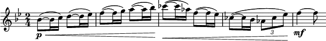 \relative c' { \key bes \major \time 2/4
bes'8\p \<~( bes16 c) d8~( d16 es) f8~( f16 g) a8~( a16 bes\!)
ces8~\<( ces16 aes) f8~( f16 es) ces8~( ces16 bes \times 2/3 { aes8 ces es\!) } f4\mf~ f8
}