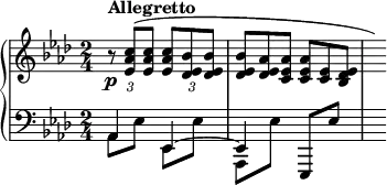 
\new PianoStaff <<
\new Staff = "Up" <<
\new Voice \relative c' {
\clef treble
\key aes \major
\omit Score.MetronomeMark
\tempo 4=50
\time 2/4
\tupletSpan 4
\omit TupletBracket
\override TupletNumber.Y-offset = #-4
\tuplet 3/2 {r8^\markup{\bold Allegretto} \p <ees aes c> (<ees aes c> <ees aes c> <des ees bes'> <des ees bes'>}
\omit TupletNumber
\tuplet 3/2 {<des ees bes'> <des ees aes> <c ees aes> <c ees aes> <c ees> <bes des ees>} \hide r16)
}
>>
\new Staff = "Down" <<
\new Voice \relative c{
\clef bass
\key aes \major
\stemDown
aes8 ees' ees, ees' aes,, ees'' \stemUp ees,, ees'' s16
}
\new Voice \relative c{
aes4 ees^~ees
}
>>
>>
