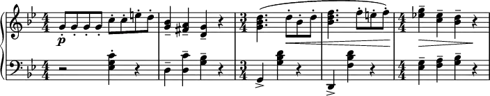 
 { \new PianoStaff <<
    \new Staff = "RH" \relative c'' { \clef treble \key g \minor \numericTimeSignature
      \time 4/4 [ g8-.\p g-. g-. g-. ] [ c-. c-. e-. d-. ] | <bes g>4-- <a fis>4--  <g d>4--  r4 |
      \time 3/4 <d' bes g>4.( d8-.\< bes-. d-. |<f d bes>4.( f8-. e-. f-.) |
      \time 4/4 <g ees!>4--\> <ees c>-- <d bes>--  r\! |}
    \new Staff = "LH" \relative c' { \clef bass \key g \minor  \numericTimeSignature
      \time 4/4  r2 <c g ees>4-. r | d,--  < c' d, >-- <bes g>-- r | 
      \time 3/4  g,4-> <d'' bes g> r | d,,-> <d'' bes f> r |
      \time 4/4 <g, ees>4-- <a f>-- <bes g>-- r  |}
   >> }
