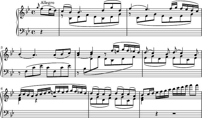 \version "2.18.2"
\header {
tagline = ##f
}
upper = \relative c' {
\clef "treble"
\tempo "Allegro"
\key bes \major
\time 4/4
\tempo 4 = 130
\partial 4 \grace {g''16} f8 ^\markup {Allegro} (ees16 d)
\stemUp c8 ^ (bes) bes4. d8 ^ (g d)
f4 ^( ees4.) f16 ^(g f ees d c)
bes4 (a4.) a8 (bes c)
\stemUp <a c>4 (<bes d>) r8 f'16 ^ (e g f ees d)
d8 ^(c4) bes8 d8 ^(c4) a8
bes16 ^(c bes a bes c d ees e f e f g f ees! d)
d8 ^(c) c ^( bes) d ^(c) c ^(a)
bes c16 d \stemDown ees f g a bes c d ees f8 f
}
lower =\relative c {
\clef "bass"
\key bes \major
\time 4/4
\partial 4 \grace {s16} r4
\change Staff = "upper"
r8 \stemDown bes' _ (d f d bes d g)
r8 \stemDown c, _ (ees g ees c ees g)
\change Staff = "lower"
r8 f, ^ (c' ees c f, c' ees)
r8 bes8_\( \change Staff = "upper"
d f d bes d f\)
ees _ (g d f) ees _ (g c, ees)
<d f>4 r4 r2
ees8 _(g d f) ees _(g c, ees)
<d f>4 \change Staff = "lower"
r4 r2
}
\score {
\new PianoStaff <<
\new Staff = "upper" \upper
\new Staff = "lower" \lower
>>
\layout {
\context {
\Score
\remove "Metronome_mark_engraver"
}
}
\midi { }
}