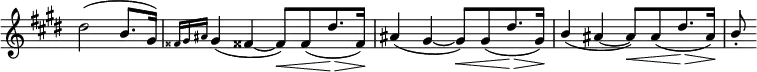 
 \relative c' \new Staff \with { \remove "Time_signature_engraver" } { \key cis \minor \time 4/4 \partial 2.
  dis'2( b8. gis16) \grace { fisis16[ gis ais] } gis4( fisis!~ fisis8)[\< fisis( dis'8.\> fisis,16)]\!
  ais4( gis~ gis8)[\< gis( dis'8.\> gis,16)]\! \stemUp b4( ais~ ais8)[\< ais( dis8.\> ais16)]\! b8-.
 }
