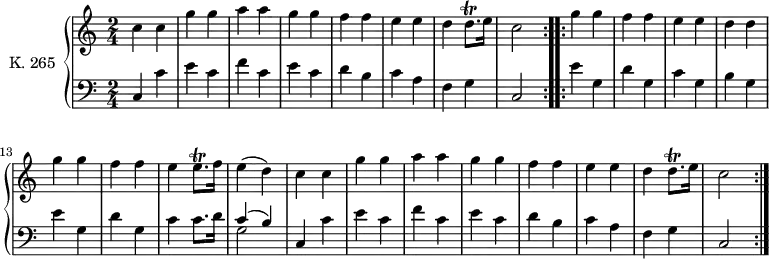 
\version "2.18.2"
\header {
  tagline = ##f
}
upper = \relative c'' {
  \clef treble
  \key c \major
  \time 2/4
  \tempo 4 = 110
  \tempo "Thema"
  \set Staff.midiInstrument = #"piano"
  \repeat volta 2 {
       c4 c g' g a a g g f f e e d d8.\trill e16 c2}
  \repeat volta 2 { 
    g'4 g f f e e d d g g f f
    e e8.\trill f16 e4 (d) c c g' g a a g g f f e e d d8.\trill e16 c2}
}
lower = \relative c {
  \clef bass
  \key c \major
  \time 2/4
  \set Staff.midiInstrument = #"piano"
  \repeat volta 2 {
     c4 c' e c f c e c d b c a f g c,2}
  \repeat volta 2 { 
    e'4 g, d' g, c g b g
    e' g, d' g, c c8. d16
   <<{\stemUp c4 (b)} \\ {\stemDown g2}>>
   c,4 c' e c f c e c d b c a f g c,2}
 }
\score {
  \new PianoStaff <<
    \set PianoStaff.instrumentName = #"K. 265"
    \new Staff = "upper" \upper
    \new Staff = "lower" \lower
  >>
  \layout {
    \context {
      \Score
      \remove "Metronome_mark_engraver"
    }
  }
  \midi { }
}
