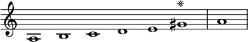 \relative c' {
\new Staff \with { \remove "Time_signature_engraver" }
{ \key a \minor \time 1/1 \cadenzaOn a1 b c d e gis^\markup{※} \bar "|" a \bar"|"}
}