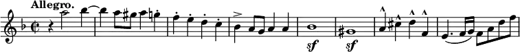 
\relative c''' \new Staff { \key d \minor \time 2/2 \set Score.tempoHideNote = ##t \tempo "Allegro." 2=138
 r4 a2 bes4~ bes a8 gis a4 g-. f-. e-. d-. c-. bes-> a8 g a4 a 
 bes1\sf gis\sf a4^^ cis^^ d^^ f,^^ e4.( f16 g) f8 a d f
}
