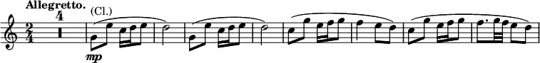 \relative c'' \new Staff {
\key c \major \set Score.tempoHideNote = ##t \tempo "Allegretto." 4=90 \time 2/4
\compressEmptyMeasures R2*4
g8^\markup (Cl.) \mp ( e' c16 d e8 d2) g,8( e' c16 d e8 d2)
c8( g' e16 f g8 f4 e8 d) c8( g' e16 f g8 f8. g32 f e8 d)
}