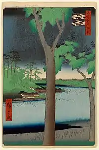 広重「名所江戸百景」に描かれた江戸末期の溜池、赤坂見附駅近辺から南東を望む
