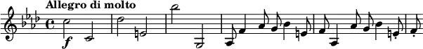 \version "2.18.2"
\relative c'' {
\key f \minor
\time 4/4
\tempo "Allegro di molto"
\tempo 4 = 172
c2\f c,
des' e,
bes'' g,,
aes8 f'4 aes8 g bes4 e,8
f aes,4 aes'8 g bes4 e,8-.
f-.
}
